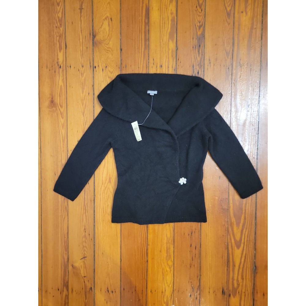 Ann Taylor Black Wrap Sweater Womens S Wool Angora Blend Rhinestone Clasp Warm